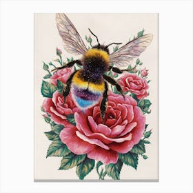 Bee On Roses Canvas Print