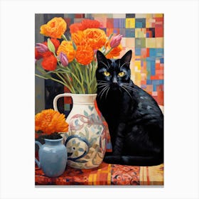 Black Cat With Flowers 4 Canvas Print