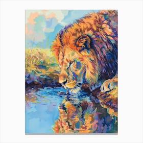Southwest African Lion Drinking From A Watering Hole Fauvist Painting 2 Canvas Print