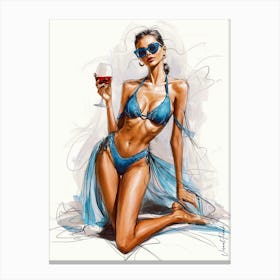 A Sketch Of A Woman In Blue Bikini With A Glass Of Wine Canvas Print