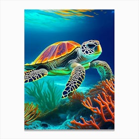 A Single Sea Turtle In Coral Reef, Sea Turtle Abstract 1 Canvas Print