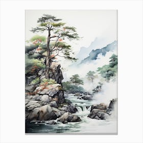 Sounkyo Gorge In Hokkaido, Japanese Brush Painting, Ukiyo E, Minimal 4 Canvas Print