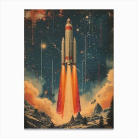 Space Odyssey: Retro Poster featuring Asteroids, Rockets, and Astronauts: Space Rocket Launch Canvas Print