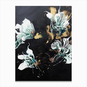 White And Green Flowers Black Background Painting Canvas Print