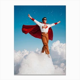 1980s Style Superhero Clad In Vintage Pilot Attire Soaring Above Cloud Banks Cotton White Cumulo Canvas Print