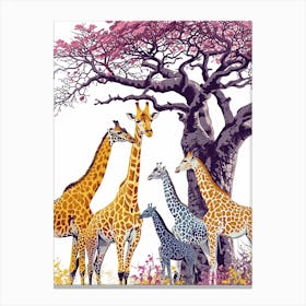 Giraffe Herd Under The Tree Watercolour 4 Canvas Print