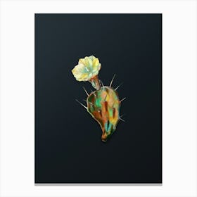 Vintage One Spined Opuntia Flower Botanical Watercolor Illustration on Dark Teal Blue n.0715 Canvas Print