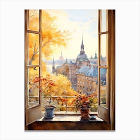 Window View Of Stockholm Sweden In Autumn Fall, Watercolour 1 Canvas Print