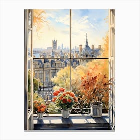 Window View Of London United Kingdom In Autumn Fall, Watercolour 1 Canvas Print