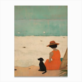 Woman And Dog At The Beach Canvas Print