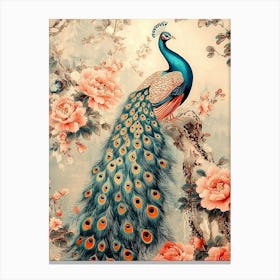 Peacock With Roses Canvas Print