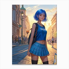 Blue Haired Girl With An Expression Of Cheerfulness Sportswear Adorns Her Athletic Frame As She Sta Canvas Print