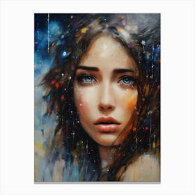 finding cosmic purpose of life, sad beautiful face brunette lot of tears, abstract realism Canvas Print