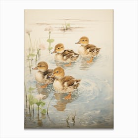 Ducklings In The Water Japanese Woodblock Style 8 Canvas Print
