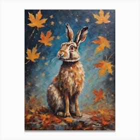 Cottagecore Adult Hare in Autumn Forest - Acrylic Paint Little Fall Rabbit Bunny Bunnies Art with Falling Leaves at Night on a Full Moon, Perfect for Witchcore Cottage Core Pagan Tarot Celestial Zodiac Gallery Feature Wall Beautiful Woodland Creatures Series HD Canvas Print