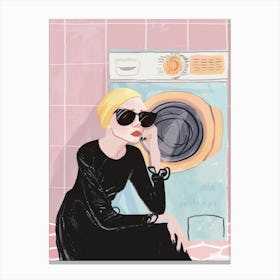 Woman Sitting By A Washing Machine Canvas Print