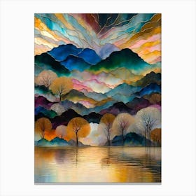 Stained Glass Landscape Scenery With Watercolor - Mountains, Sky, Clouds, Gold Rippling Lake and Winter Trees - Colorful Dreamy Feature Art for Gallery Wall, Beautiful Mosiac Rainbow Scene HD Canvas Print