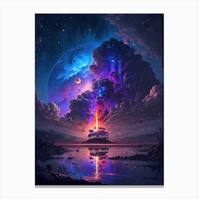 Purple Night Sky over Trees, Mountains and Lake Canvas Print
