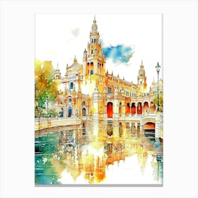 Seville, Plaza De Espana Watercolor Painting Canvas Print