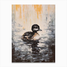 Black & White Painting Of Duckling Gliding Along The Pond 4 Canvas Print
