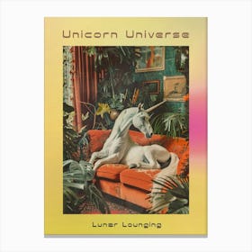 Unicorn Lounging A Sofa Surrounded By Plants Poster Canvas Print