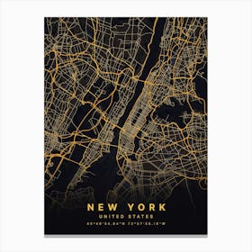 New York NYC USA Black And Gold Map Canvas Print