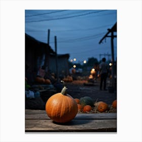 A Gourd Carefully Resting On A Weathered Wooden Table Settingfootprint In The Cement Market Under (5) Canvas Print