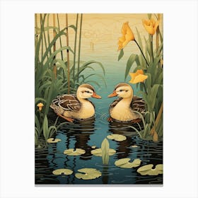 Ducklings With The Water Lilies Japanese Woodblock Style  4 Canvas Print