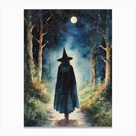 A Witch and the Full Moon - Watercolor Witchy Art for Witchcraft Feature Wall - Wicca Pagan Fairytale Goth Dark Aesthetic Lunar Goddess Magick Walking Through the Woods at Night HD Canvas Print