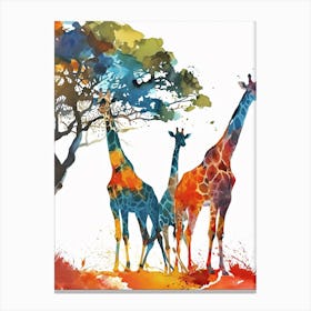 Giraffe Herd Under The Tree Watercolour 7 Canvas Print