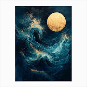 Golden Moon Over Abstract Waves – Expressionist Art In Blue And Gold Canvas Print