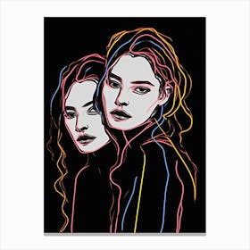 Women In Black And White Line Art Neon 3 Canvas Print
