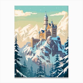 Vintage Winter Travel Illustration Schloss Neuschwanstein Germany 5 Canvas Print