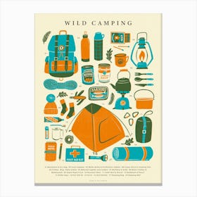 Retro Wild Camping Kit Art Print in Blue, Orange and Cream | Vintage Camping Poster | Adventure and Outdoor Nostalgic Graphic Illustration Canvas Print