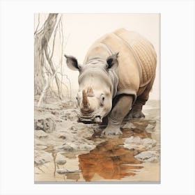 Vintage Illustration Of A Rhino In The Lake  3 Canvas Print