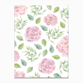 Pink Rose & Green Leafs Floral Patterm Canvas Print