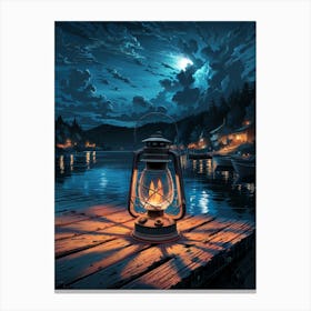 Anime Canvas Art: Serene Lakeside Lantern at Twilight, Warm Glowing Flame on Rustic Dock, Dramatic Cloudy Sky and Peaceful Village Reflection, Perfect for Cozy Lofi Vibes and Nature Lovers. Canvas Print