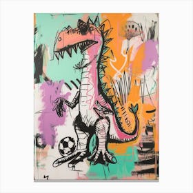 Dinosaur Playing Football Pink Graffiti Brushstroke 1 Canvas Print
