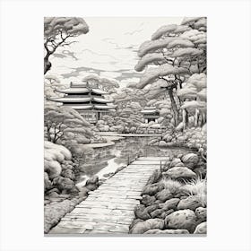 Rikugien Garden In Tokyo, Ukiyo E Black And White Line Art Drawing 1 Canvas Print