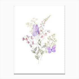 Watercolor Of Purple Flowers And Butterflies Canvas Print