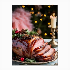 An Entregouted View Of A Glazed Spiced Pork Ham Festooned With A Crown Of Cloves Set On A Lavish C (5) 1 Canvas Print