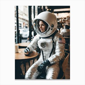 Woman Astronaut Sitting In Cafe Canvas Print