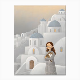 Woman Girl and Cat in Greece Santorini Canvas Print