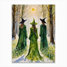 February Witches by Lyra the Lavender Witch - Liminal Time Between The Seasons Winter and Spring, Snow on the Ground, Flowers Shooting up - Witchy Watercolor Art Imbolc, Ostara, Spring Equinox, Sun Returning but Snow and Frost - Pagan Wicca Occult Green Witchcraft HD Canvas Print