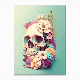 Skull With Tattoo Style Artwork 2 Pastel Vintage Floral Canvas Print