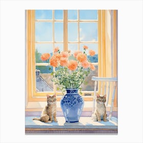 Cat With Allium Flowers Watercolor Mothers Day Valentines 3 Canvas Print