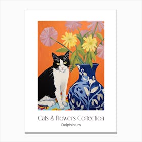 Cats & Flowers Collection Delphinium Flower Vase And A Cat, A Painting In The Style Of Matisse 2 Canvas Print