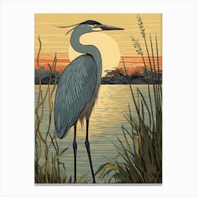 Vintage Bird Linocut Egret 4 Canvas Print