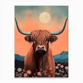 Highland Cow In Moonlight Textured Illustration 1 Canvas Print