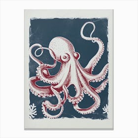 Octopus Swimming Around With Tentacles Red Navy Linocut Inspired 3 Canvas Print